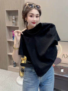 European Goods 2024 Summer Wear New Arrival Full Diamond Heavy Embroidery Hot Drilling Pure Cotton Short-Sleeved T-shirt Womens Silm Bottoming Shirt Shoulder Tops