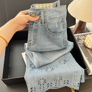 Womens Embroidered Hollow Wide Leg Jeans High Waist Loose Fit Spring Autumn Casual Denim Skinnies with Pockets