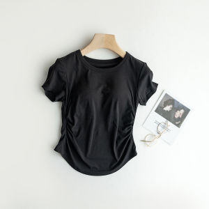 Wireless Short Sleeve round Neck Womens T-shirt with Chest Pad Gathered Bottom Hem Base Shirt Slim Fit Underwear Cotton Fabric