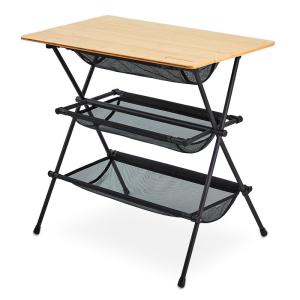 Kingcamp | Portable Outdoor Folding Table with 3 Tier Storage Bamboo Surface