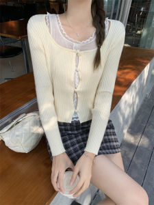 Áo Len Dệt Kim Ngắn Màu Tím Phong Cách Hàn Quốc Dành Cho Nữ Đầu Thu Mới Sang Trọng Lịch Sự Ngọt Ngào Cay Nồng Viền Ren Áo Lót Giả Hai Mảnh