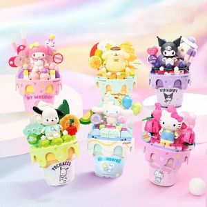 Sanrio Series Ice Cream Cone Building Blocks Hello Kitty Kuromi Pochacco Cinnamoroll อิฐรุ่นเดสก์ท็อปของเล่นเด็กของขวัญ