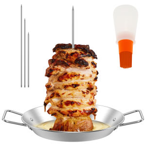 Vertical Skewer Stainless Steel Grill Shawarma Skewer Stand with Oil Bottle Brush for Kitchen Outdoor Picnic BBQ Roast Meat Tool