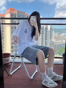 กางเกงขาสั้นยีนส์ทรงตรงเอวสูงสไตล์ย้อนยุคสำหรับผู้หญิงไซส์ใหญ่ กางเกงขายาวทรงหลวมสบาย ๆ ทรงสลิมฟิต กางเกงขายาวทรงหลวม 5 จุด