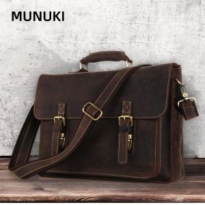 MUNUKI Luxury 14" Laptop Briefcase Business Bag For Men Vintage Crazy Horse Genuine Leather Men Office Shoulder Bag Large Capacity Document Bag For Work M088