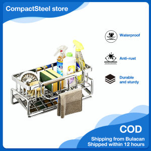 CompactSteel store 304 Multifunctional Plastic Sponge Drainer Rack with Soap & Towel Holder - Ideal for Kitchen & Bathroom Sinks