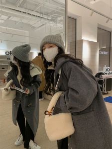 Ladies Mid-Length Woolen Coat with Sheep Velvet Thickened Loose Fit Korean Style Winter Outerwear with Hat And Horn Buckle