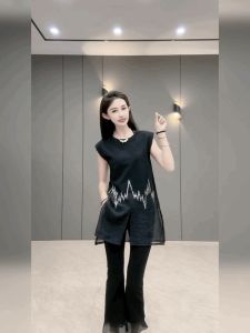 Áo Thun Lưới Ren Không Tay Màu Đen Tròn Cổ Cao Thời Trang Công Sở Mùa Hè Tay Thường Không Tay Áo Thun Lưới Ren Dài Vừa Phải