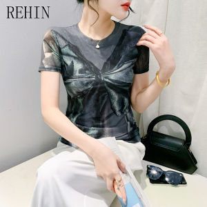 REHIN เสื้อยืดคอกลมแขนสั้นพิมพ์ลายดอกไม้ แฟชั่นตาข่ายฤดูร้อน ผ้าฝ้าย ทรงกระชับสวยงามสำหรับผู้หญิง บอดี้สูทหญิง