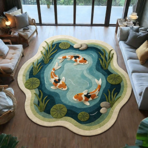VIKAMA Round Rug Koi Fish Pond Oriental Carp Lotus Leaf Circular Area Rug Floor Mat for Living Room Living Room Decor