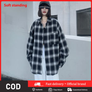Plaid Long Sleeve Polo Shirts: Casual Checkered Blouse Oversize Women's Loose Korean Retro Shirt