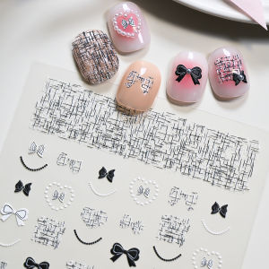 1Pcs 5D Black White Tweed Style Nail Stickers Plaid Bow French Heart Pearl Chains Nails Decals for Women Wedding Bridal Manicure