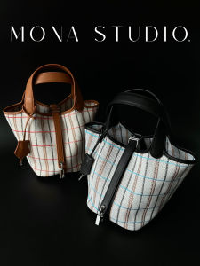 Mini Plaid Canvas Bucket Bag Womens Handbag Splicing Genuine Leather Soft Handle Bohemian Style Casual Tote Bag