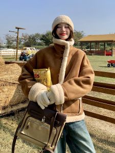 Khaki Lamb Fur Jacket Womens Thickened Short Double-sided Wear Cotton Clothes Integrated Leather And Fur Autumn Winter New Style