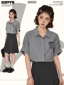 Gray Striped Short Sleeve Polo Shirt Womens Style Spring Summer Commute Fashion Inner Wear Top Loose Fit Korean Version