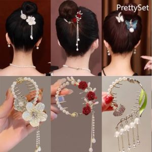 【PrettySet】Retro Kẹp Tóc Đuôi Ngựa Cao Kẹp Tóc Tua Rua Hình Bướm Ngọc Trai Cho Nữ Băng Đô Cho Học Sinh Và Phụ Nữ Phụ Kiện Tóc Dự Tiệc Hẹn Hò