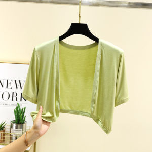 Modal Knitted Open Cardigan Women Summer Short Sleeve Lightweight Loose Outerwear Sun Protection Pure Color Top