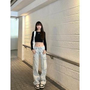 High Waist Wide Leg American High Street Workwear Pants Womens Jeans Casual Style Multi-Pocket Long Trousers
