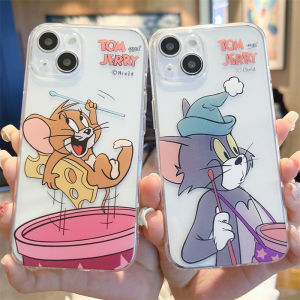 Silicone Phone Case for iPhone 15 14 pro Max 13 Mini Transparent Anti-Fall Full Cover Cute Cat And Mouse Cartoon Couple Design