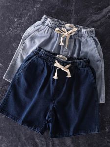 Heavyweight Washed Mens Summer Japanese Retro Elastic Waist Loose Linen Denim Shorts Casual Loose Fit Sport Youth Style