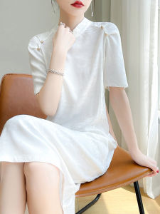 Elegant White Short-Sleeve Acetate Dress Stand Collar Womens Style New Chinese Long Skirt High Quality Summer New Arrival