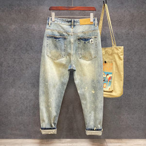 Casual Harajuku Style Mens Long Jeans Loose Straight Leg Ink Splashed Denim mid Waist Zipper Fly Four Seasons Wear