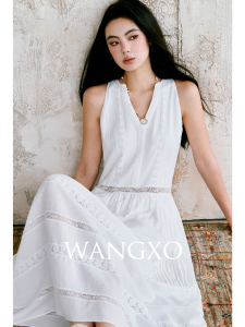 WANGXO | French Elegance Linen Lace V-Neck Sleeveless Embroidery Cinched Waist Pleated A-Line Dress