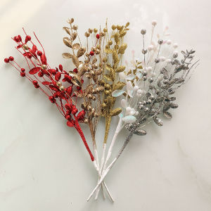 ใหม่🔥5ชิ้นลำต้นเบอร์รี่เกล็ดแวววาวประดิษฐ์กับใบตกแต่งคริสต์มาสกิ่งแจกันต้นคริสต์มาสบ้านเครื่องประดับโต๊ะ DIY พวงหรีด44ซม.