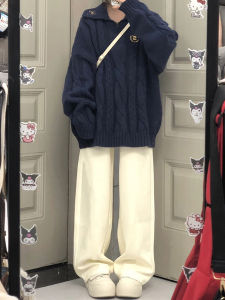 Quần Dài Ống Rộng Màu Trắng Cho Nữ Mùa Xuân Thu Quần Thể Thao Thường Ngày Quần Nỉ Cạp Cao Phong Cách Hàn Quốc Quần Dài