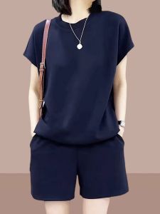 Womens Cotton Leisure Sports Suit Set Summer New Fashion Loose Short Sleeve T-Shirt Shorts Two-Piece Set round Neck Sleeve Length
