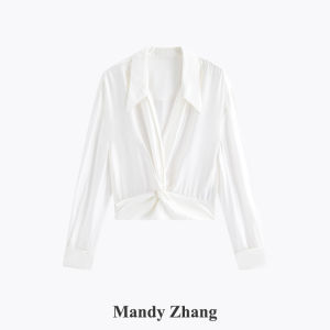 Twist Satin V-neck White Shirt