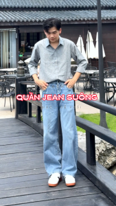Quần jean quần bò nam nữ ống rộng cạp thường SUN T9 WASH XANH mặc thoải mái dễ phối đồ phong cách hàn quốc