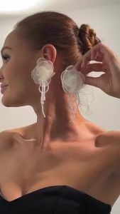 Salircon Bohemian White Mesh Flower Tassel Pendant Earrings Women Elegant Crystal Pearl Long Bowknot Drop Earrings Jewelry Gifts