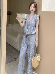 YINLUOYA | Casual Summer 2025 Womens Two-Piece Set Sleeveless Wide Leg Pants V-Neck Button-Up Breathable Comfortable Vacation Wear