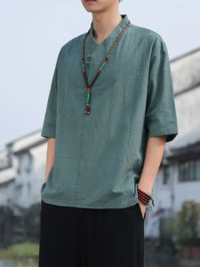 New Chinese Style Mens Summer Thin Cotton Linen Short Sleeve T-Shirt with Button Design Loose Fit V-Neck Youth Fashion Casual Wear