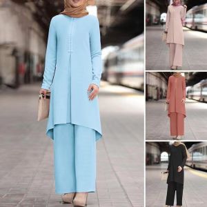 Solid Color Lace Muslim Suit Pure Color Muslim Ensemble Long Sleeve Long Pants Commute Style Fashion Set for Teenagers