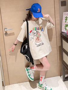 Girls Summer Casual Loose T-shirt Short Sleeve Cartoon Print Top Korean Style Childrens Fashionable Clothing Cotton Blend