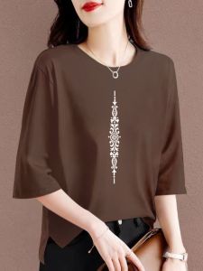 บริสุทธิ์ 100% ผ้าฝ้าย เสื้อยืดคอกลมแขน ผู้หญิง แฟชั่นพิมพ์เสื้อเชิ้ตแขนกลางเสื้อยืด หลวม ประเภทเสื้อผ้าทํางาน