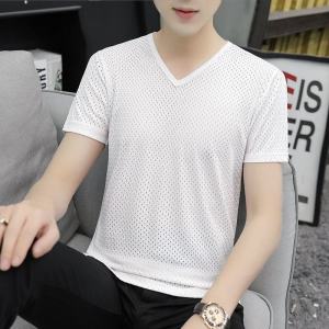 Ice Lụa Cổ Chữ V Áo Thun Ngắn Tay Nam Mùa Hè Mỏng Lưới Khoét Hở Thoải Mái Thời Trang Sành Điệu Nửa Tay Áo Áo Cho Mùa Xuân 2024