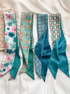 Lake Blue Double-Sided Pointed Hair Band Silk Scarf Small Bench Womens Thin Scarf Tie Bag Decorative Ribbon Scarf Headscarf