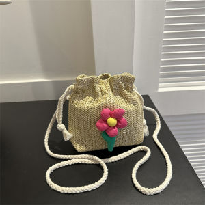 กระเป๋าถือทรงถังใบเล็กสไตล์ญี่ปุ่นสำหรับผู้หญิง กระเป๋าสะพายไหล่แบบลำลอง ผ้าไนลอน ไม่มีซิป กระเป๋าถือทรงถังแบบถักจากหญ้า