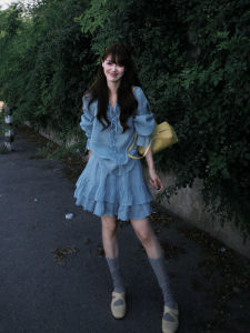 PEIZIXUAN | Summer French Blue Shirt and Skirt Set