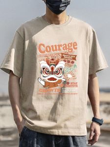 เสื้อยืดผ้าฝ้ายระบายอากาศสําหรับผู้ชายผ้าฝ้ายแท้ 100% แขนสั้นพร้อมคอกลมกว้างหลวมพอดีวัฒนธรรมจีนพิมพ์การออกแบบ