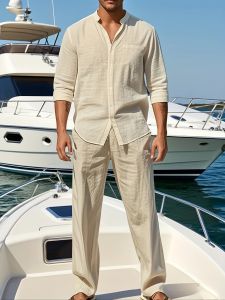 ชุดเสื้อเชิ้ตแขนยาวและกางเกงผ้าลินินระบายอากาศสำหรับผู้ชาย ฤดูใบไม้ผลิ ฤดูร้อน ฤดูใบไม้ร่วง เหมาะสำหรับกิจกรรมกลางแจ้ง พักผ่อน เดินเล่น ชายหาด ชุดกีฬา 1/2 ชิ้น