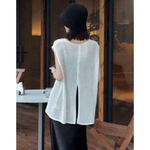 Elegant Ice Silk Knitted T-Shirt Women Summer Loose Thin Layered Wear Open Split Small Vest Shoulder Width Regular Length