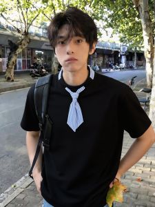 OUMULONG | American Street Style Bow Tie Squared Scarf Patchwork T-Shirt
