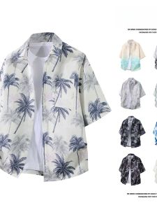 เสื้อเชิ้ตแขนสั้นผ้าไหมน้ำแข็งสไตล์ฮาวายแห้งเร็วสำหรับผู้ชาย ทรงหลวมสบาย ๆ ลายดอกไม้ ผ้าโพลีเอสเตอร์ แฟชั่นฤดูร้อน