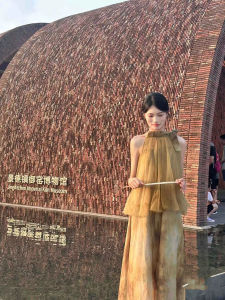 Elegant Chinese Style Bamboo Mist Forest Dyeing Neck Hanging Strapless Dress Vintage Style Summer Season Sleeveless Gown