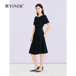 YINER | Summer Elegant Pearl Collar Viscose Blended A-Line Slim Waist Dress