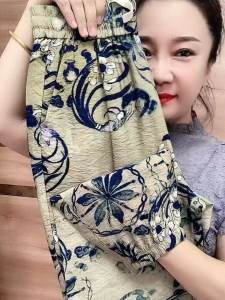 Summer Thin Cotton Linen Floral Casual Pants Womens Ice Silk Quick Dry Nine Points Trousers Loose Fit High Waist Harem Pants